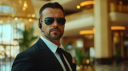 bodyguard service private security professional guards in suits and sunglasses standing in hotel lobby handsome man with earpiece communicating with work partner luxury hotel vigilance : Generative AI