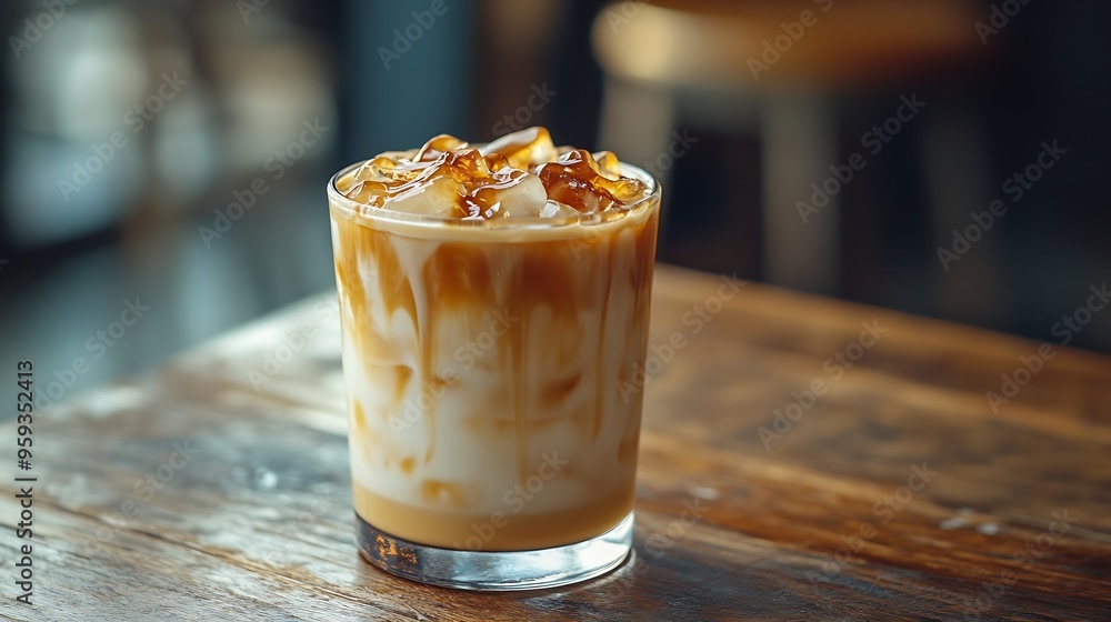 Poster ice caramel macchiato coffee on  rustic table background : Generative AI