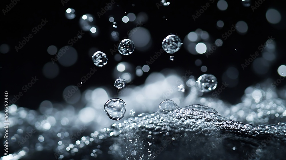 Poster Shiny air bubbles underwater rising from bottom and illuminated by rays of light Stream of oxygen bubbles on a black isolated background Close up of a bubbling liquid during aeration o : Generative AI