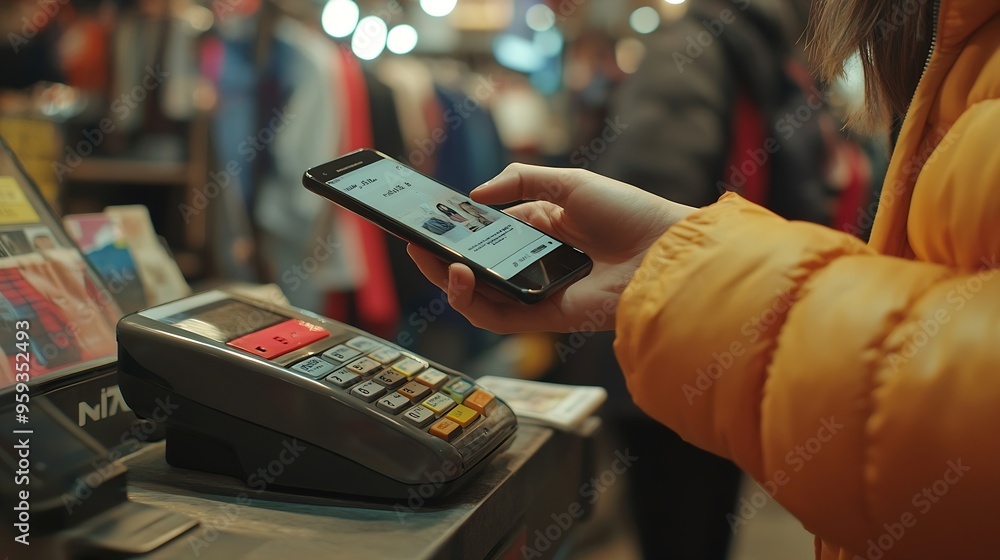 Poster female hand paying in clothing store with smartphone tapping phone on contactless card reader while 