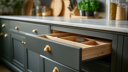 Front view of elegant interior with gray drawers under kitchen cabinet empty wooden table and marble countertop in room modern equipment for cooking well organized space for storage fo : Generative AI