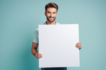Happy young man holding a blank white sign, isolated on a blue background, perfect for adding your own text or message.