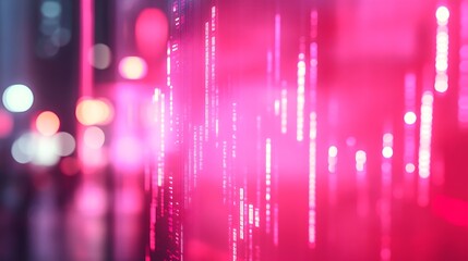 Abstract pink crisis business and forex chart on blurry toned city wallpaper with bokeh circles Downward trend and financial downfall concept Double exposure : Generative AI