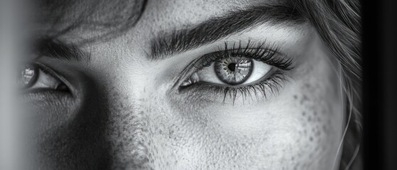Obraz premium Close-up of a Woman's Eye with Freckles and Long Eyelashes