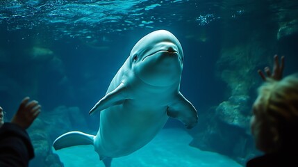 Naklejka premium People interacting with a baby white Beluga Whale at the Mystic Aquarium : Generative AI