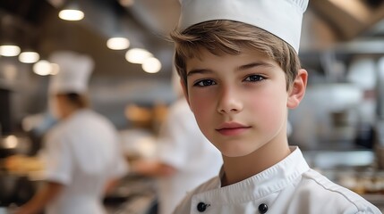 Fototapeta premium Curious teen boy participating in culinary workshop led by professional chefs for tweens and learning how to cook : Generative AI