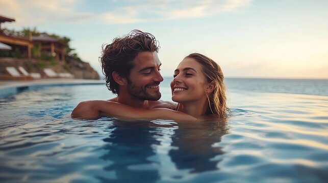 Happy couple in infinity pool at luxury hotel against ocean front enjoy in tropical resort Relaxing summer travel holiday vacation romance and weekend concept : Generative AI