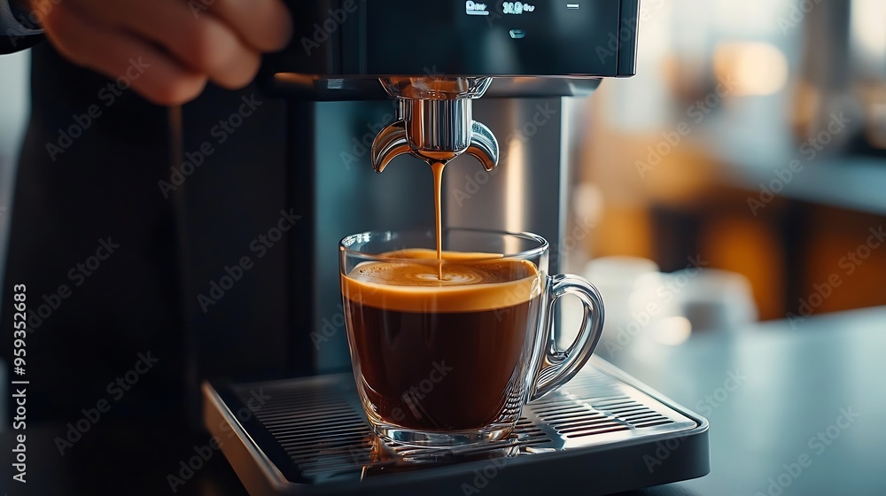 Poster close up view of businessman making coffee from coffee machine in the office : generative ai