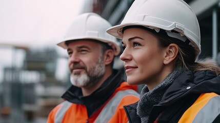 Senior engineer and female foreman team checking project at precast concrete factory site Caucasian engineer and worker in hardhats discussing on construction site : Generative AI