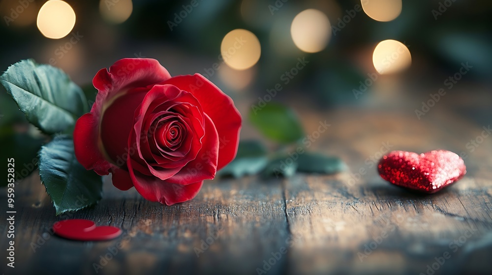 Poster valentine day composition with rose flower and red heart on table top view flat lay copy space holid