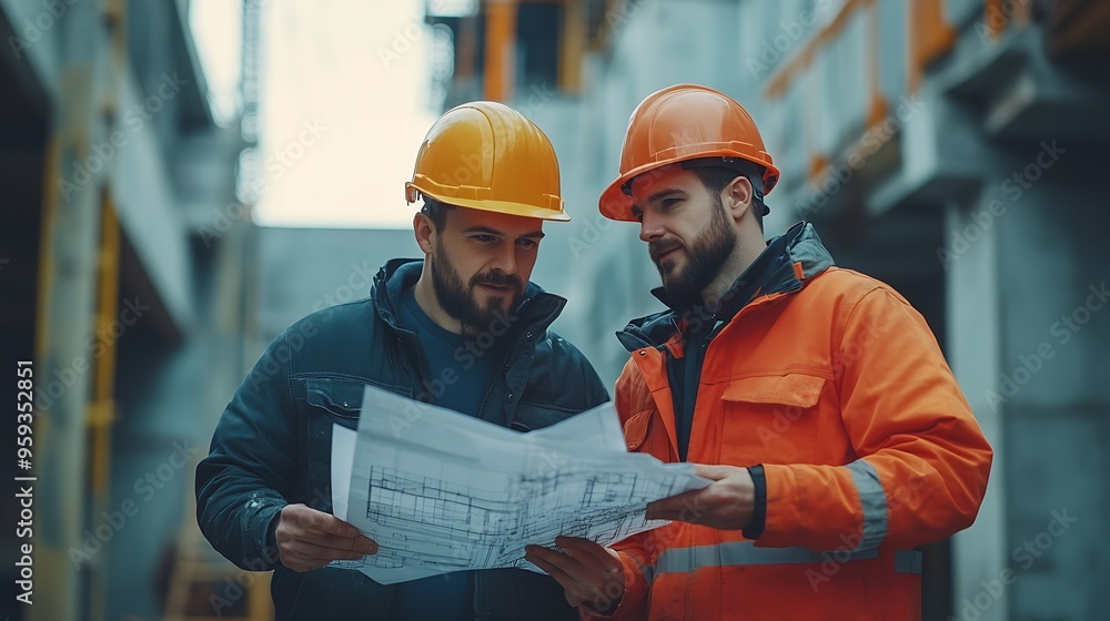 Fototapete Engineer and foreman worker team with blueprints checking project at the precast concrete factory site Engineer and builders in hardhats discussing on construction site : Generative AI