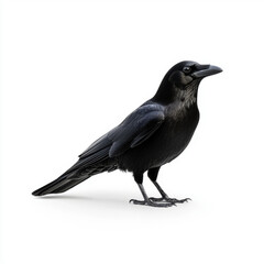 Fototapeta premium A detailed image of a black crow standing on a white background, showcasing its dark plumage and sharp beak.