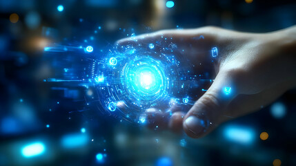 Hand holding a glowing blue digital sphere with icons and data in the palm.