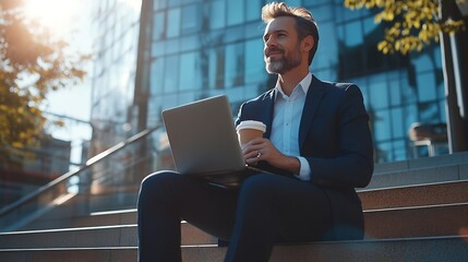 Young satisfied businessman in stylish dark blue suit sitting on stairs near office center outside with laptop and coffee to go in sunny summer day working remotely online while having : Generative AI