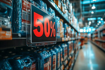 A bold sign in a supermarket displaying 50% in red text on a black background, indicating a significant discount or sale.
