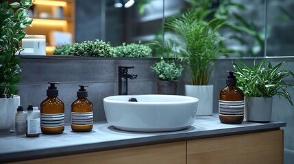Selfcare routine men with grooming products skincare items and a relaxing atmosphere in a modern bathroom setting