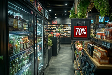 Fototapeta premium A bold sign in a supermarket displaying 70% in red text on a black background, indicating a significant discount or sale. 