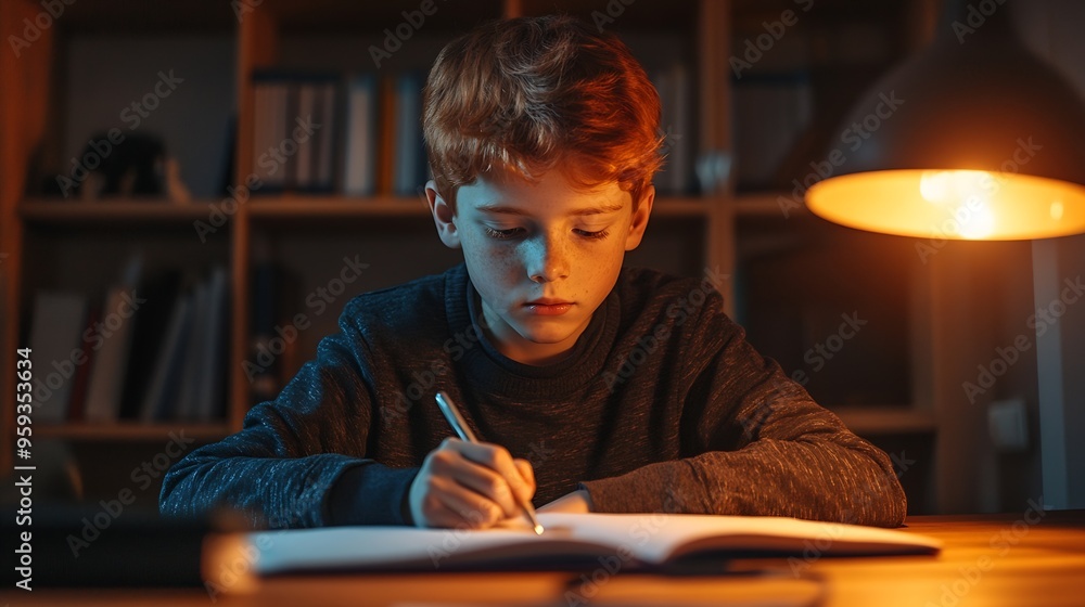 Poster focused redhead pupil student boy studying at home writing in exercise book doing homework learning 