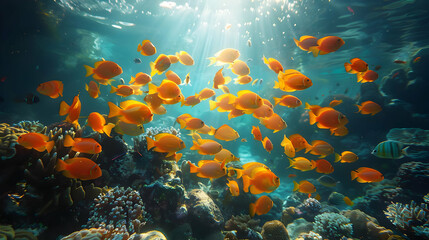 Naklejka premium School of Orange Fish Swimming in a Coral Reef Realistic Image