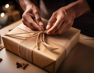 Obraz premium A close-up of wrapping paper and ribbons being tied around a gift box, with hands carefully
