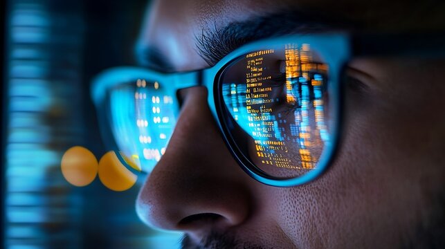 Closeup portrait of focused software engineer wearing eyeglasses looking at computer screen working with big data Programming code reflecting in glasses Data science Machine Learning A : Generative AI