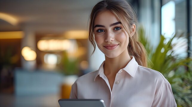 Portrait of beautiful young professional receptionist using tablet online looking at camera and smiling Busy luxury hotel manager talking on phone taking calls on background : Generative AI