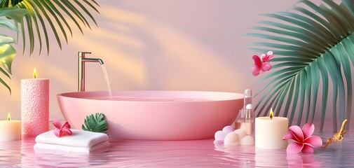 A serene pink bathtub scene featuring tropical elements, candles, and soft towels for a relaxing ambiance.