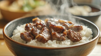 A meal scene where you eat steaming hot rice and grilled meat together : Generative AI
