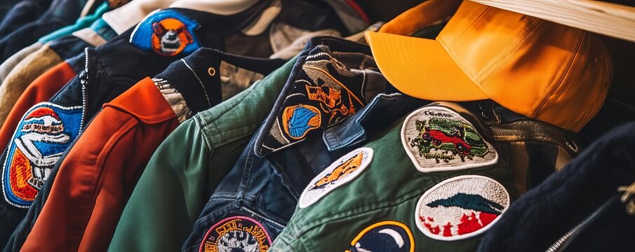Photo of embroidered patches on various clothing items, including jackets and hats, displayed in a casual, trendy setting