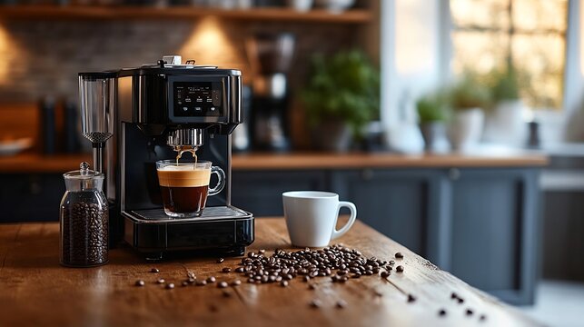 Modern coffee machine beans and cup of espresso on wooden table in kitchen : Generative AI - Powered by Adobe