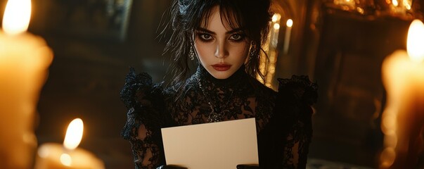 Woman in Black Lace Dress with Candlelight
