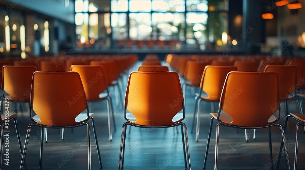 Poster empty chairs lined up at an event inside the building photographed from behind : generative ai