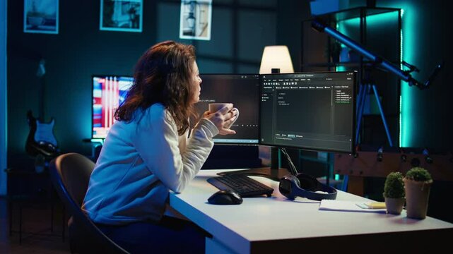 Portrait of engineer drinking coffee in the morning and futureproofing company network from downtimes. IT admin enjoying hot beverage while increasing data security, camera B