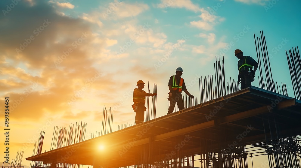 Poster Builders workers at a house construction site are installing prepare formwork reinforcement for pouring concrete Process of work on a construction site Work at height : Generative AI
