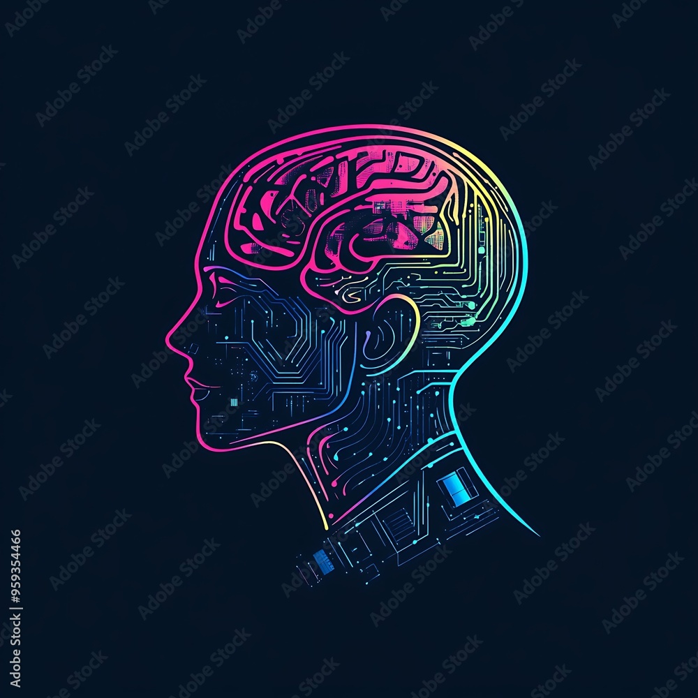 Poster a digital illustration of a human head with a brain made of circuit board lines and glowing patterns