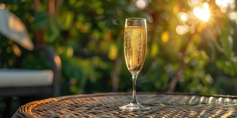 Detailed perspective of a sparkling beverage glass placed on a woven outdoor table in the warm light of a summer night.