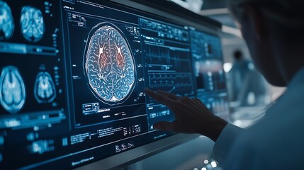 Fototapeta premium Hospital Medical Research Center Focus On Hand Gestures Of Diverse Colleagues Gathered Around Interactive Touch Screen Table With MRI Scans Of Brain On Display Doctors Looking For Alzh : Generative AI