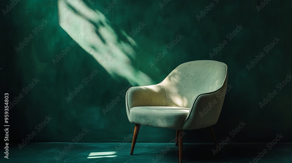 Poster portrait of empty chair in abstract dark green background fabric background : generative ai