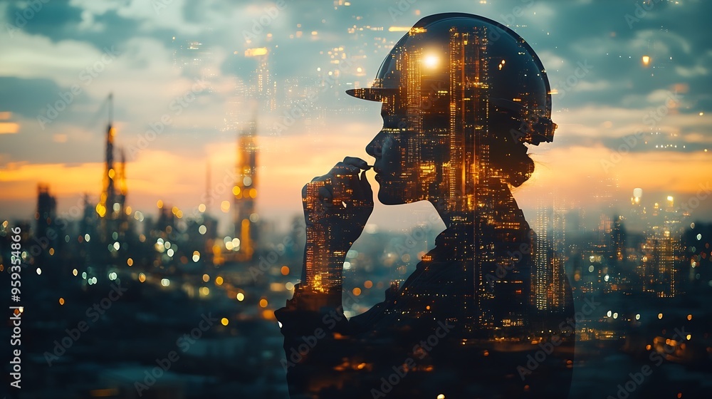 Aufkleber The double exposure image of the engineer thinking overlays with cityscape image with copy space The concept of engineering construction futuristic and industry : Generative AI