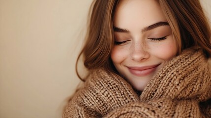 Happy smiling woman with closed eyes hugging herself wearing comfortable brown knitted sweater isolated on beige background Winter concept : Generative AI