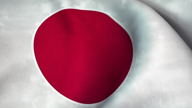Flat lay view of a gently moving Japanese flag with white background and red circle, softly flowing with a breeze
