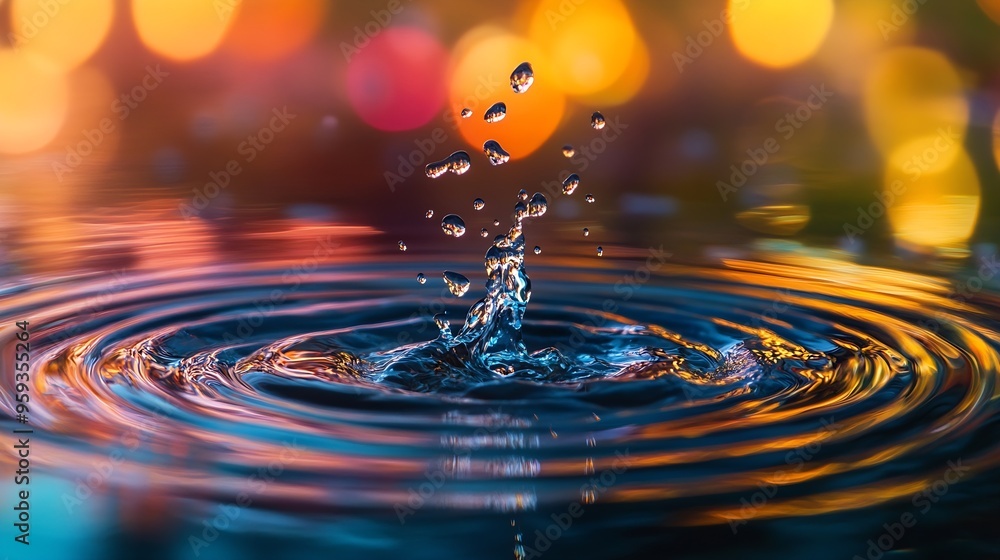 Fototapete Circular wave rings reflecting sky and surrounding Rain drops splashing into water surface causing concentric ripples Bad weather conditions Germany Colorful macro close up with select : Generative AI