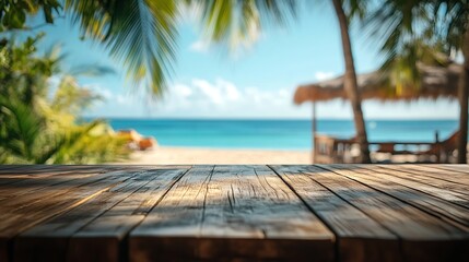 Empty summer holidays background Horizontal travel banner for advertising product Wooden table top in front blurred paradise vacation Panoramic empty bar counter in focus : Generative AI