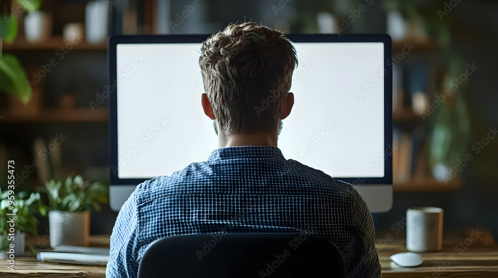 Aufkleber man in a plaid shirt sitting in front of a computer with a blank screen.