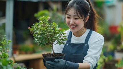 Asian woman gardener planting nursery tree in pot preparing for sale gardening shop owner happy put soil to flowers plant potted small business owner entrepreneur in cozy planting shop : Generative AI