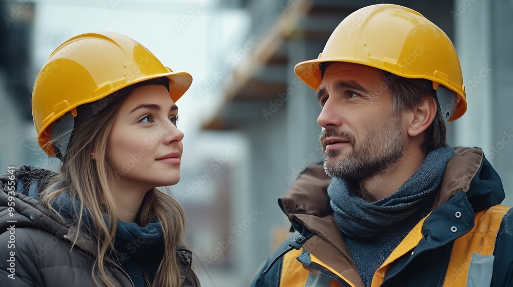 Fototapete caucasian engineer in hardhats discussing on construction site engineer and female foreman worker te