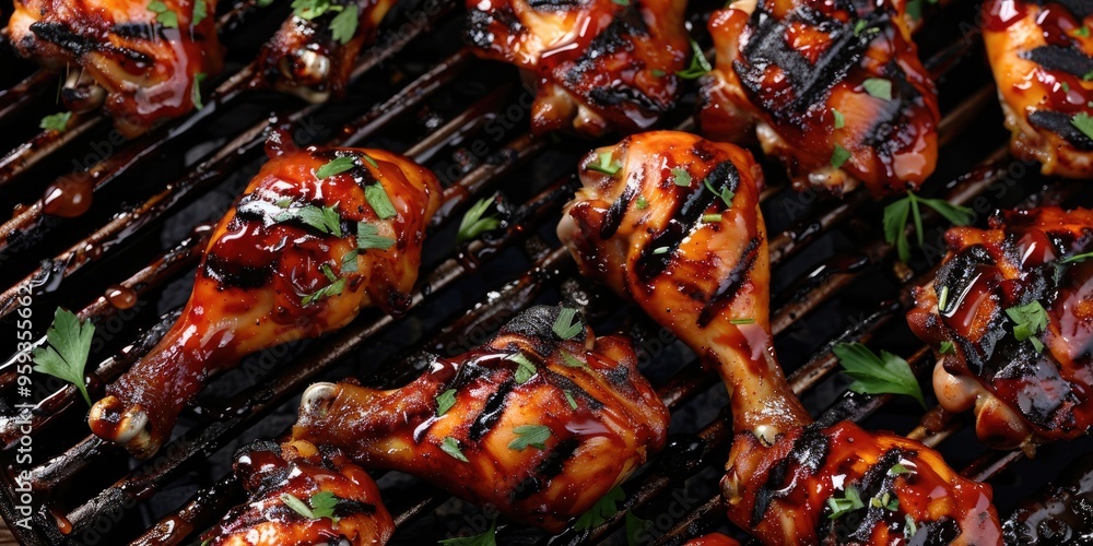 Poster Sweet honey glazed grilled chicken thighs and drumsticks