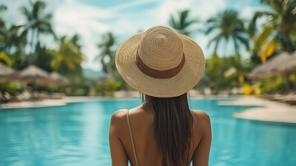 Woman traveler at Luxury tropical resort in a sunny day : Generative AI