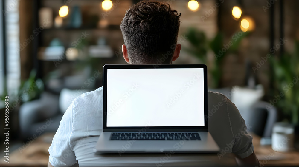 Poster man sitting with back to camera and laptop facing with blank screen.