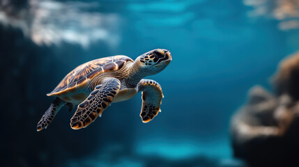 Obraz premium A beautiful sea turtle swims gracefully through clear blue water, surrounded by underwater rocks and vibrant marine life.
